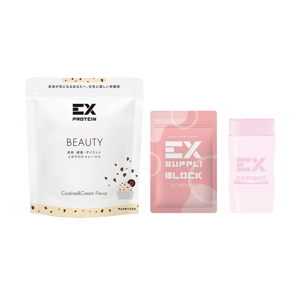 \キレイを求めるあなたに/EX-BEAUTY ソイプロテイン (360g)&EX SUPPLI BLOCK 120粒&EX-SHAKER シェイカーボトル 500ml