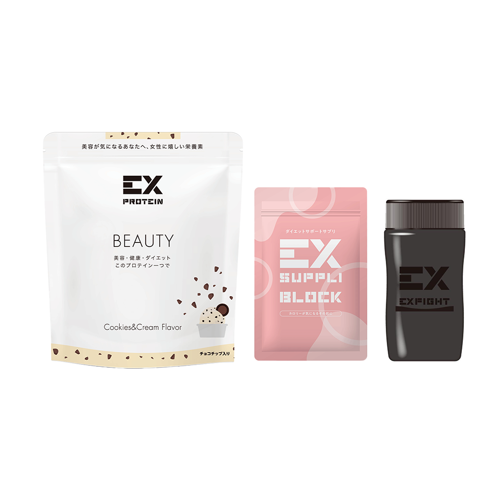 \キレイを求めるあなたに/EX-BEAUTY ソイプロテイン (360g)&EX SUPPLI BLOCK 120粒&EX-SHAKER シェイカーボトル 500ml