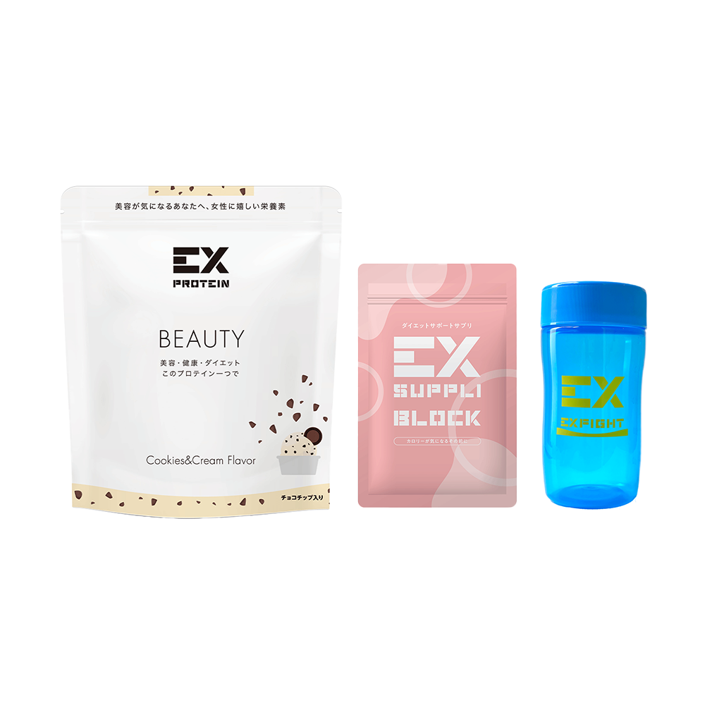 \キレイを求めるあなたに/EX-BEAUTY ソイプロテイン (360g)&EX SUPPLI BLOCK 120粒&EX-SHAKER シェイカーボトル 500ml