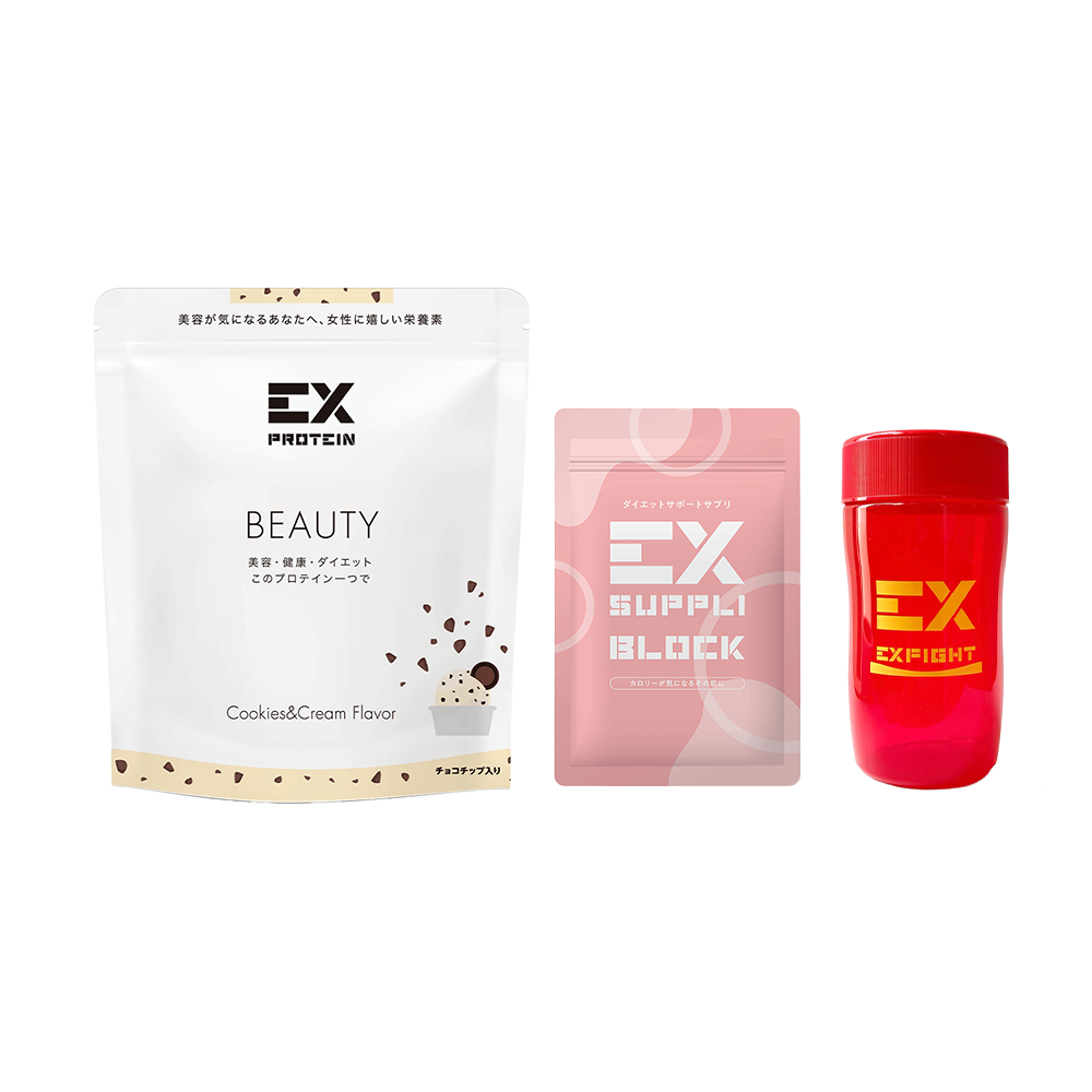 \キレイを求めるあなたに/EX-BEAUTY ソイプロテイン (360g)&EX SUPPLI BLOCK 120粒&EX-SHAKER シェイカーボトル 500ml
